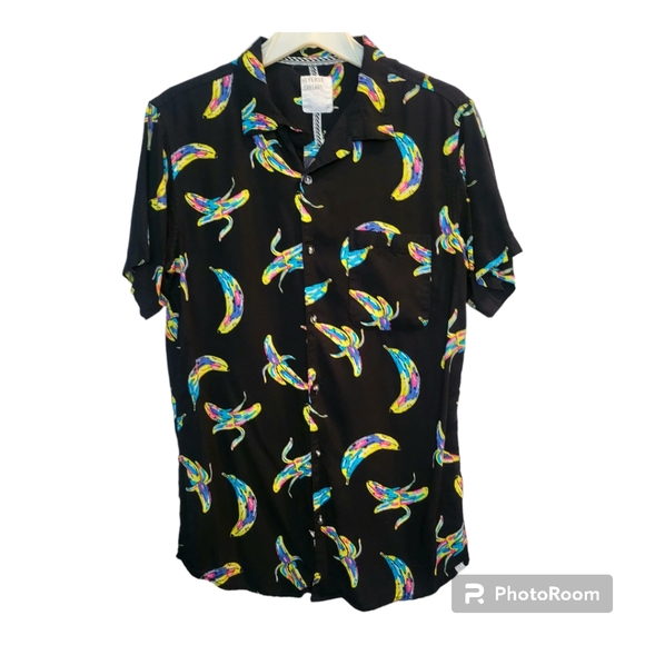 Reverse Threads Mens Casual Black Neon Banana Short-Sleeve Button-Up Shirt, Sz M - Picture 1 of 5